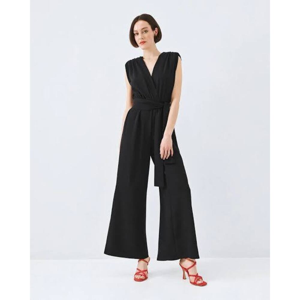 DKNY Black Sleeveless Wide-Leg Jumpsuit Size 6 Tie Waist Surplice V-Neck NWT